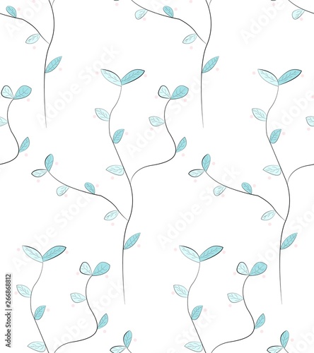 Seamless pattern of branches with blue leaves and pink circles