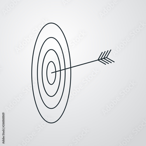 Icono plano lineal flecha en diana en fondo gris
