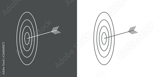 Icono plano lineal flecha en diana en gris y blanco
