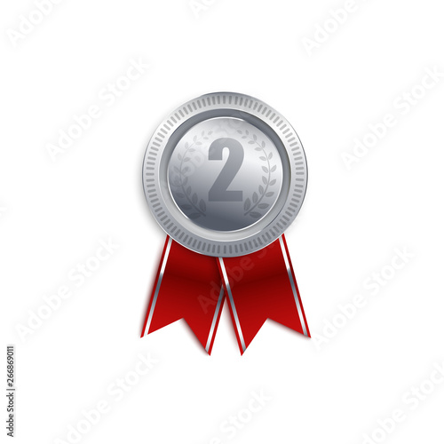 Silver medal badge for second place, round metal runner up award symbol with red ribbon isolated on white background