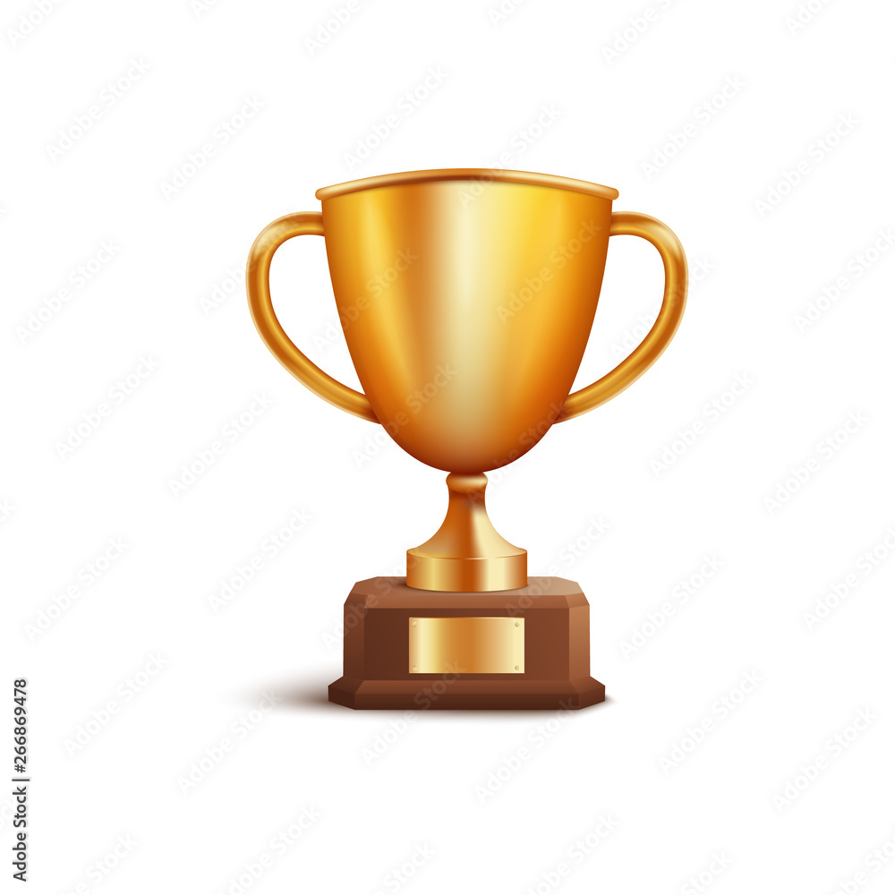 Golden winner award first place cup or champion prize 3d vector isolated on white. Golden winner award first place cup or champion prize 3d vector isolated on white.
