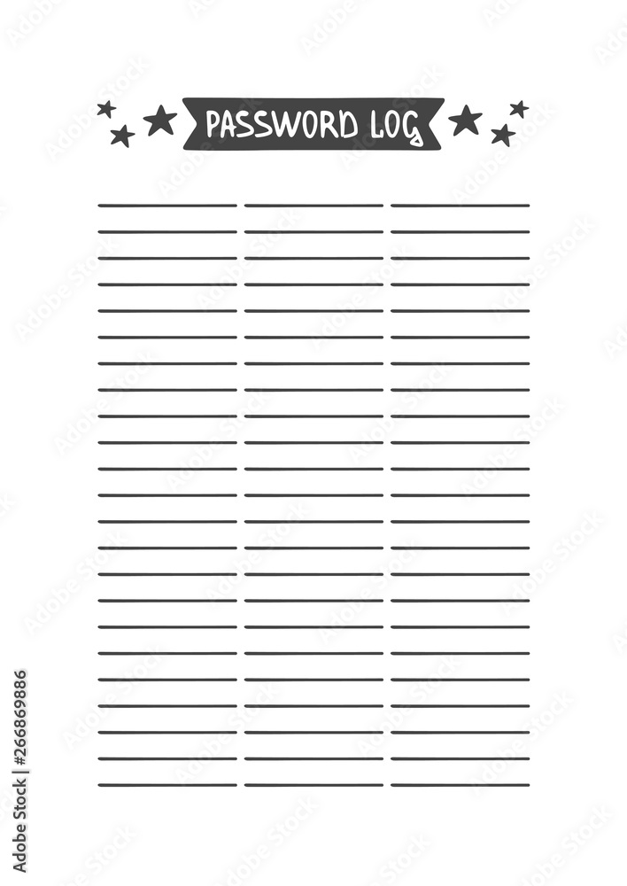 Password Log. Vector Template for Agenda, Planner and Other Stationery.  Printable Organizer for Study, School or Work. Objects Isolated on White  Background. Stock Vector