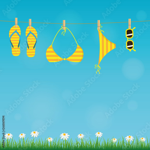 summer holiday design with hanging flip flop bikini and sunglasses on a rope daisy flower and grass vector illustration EPS10