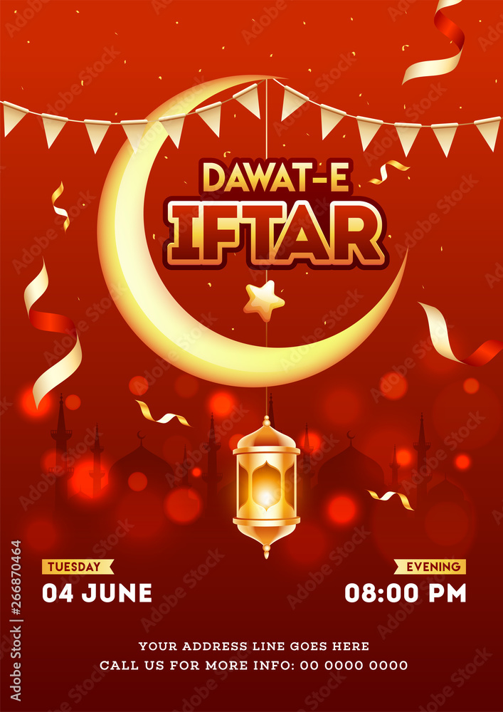 Naklejka premium Red invitation card or template design with crescent moon and hanging golden illuminated lanterns for Dawat-E-Iftar celebration.