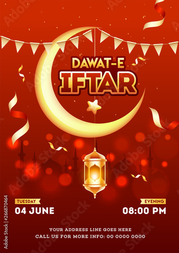 Red invitation card or template design with crescent moon and hanging golden illuminated lanterns for Dawat-E-Iftar celebration.