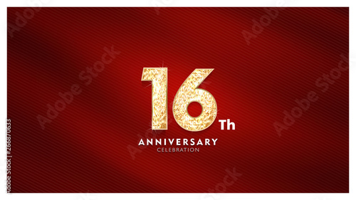 16th Anniversary celebration - Golden numbers with red fabric background	