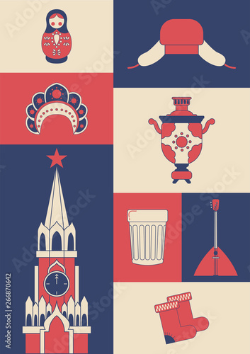 Vector poster with Russian culture items in modern flat style on light background. 