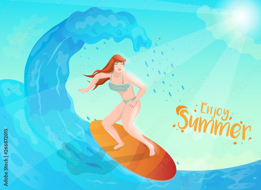 Illustration of surfer woman diving water on sunshine background for Enjoy Summer concept. Can be used as banner or poster design.