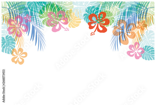 Hibiscus and Monstera Patterned Pattern Background Illustration, Palm Leaf, Frame, Decorative Lined, Tropical Color, Summer Image, Fabric, Textile
