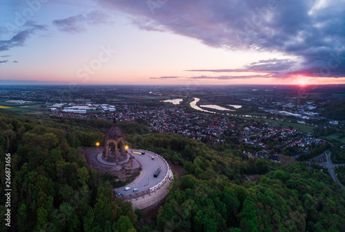 Kaiser Wilhelm Denkmal an der Weser bei Sonnenaufgang, Porta Westfalica, Luftaufnahme photo