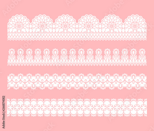 Lace seamless border. Set of white lace tracery ribbons. Template for design, cards, wedding invitations. Vector illustration.
