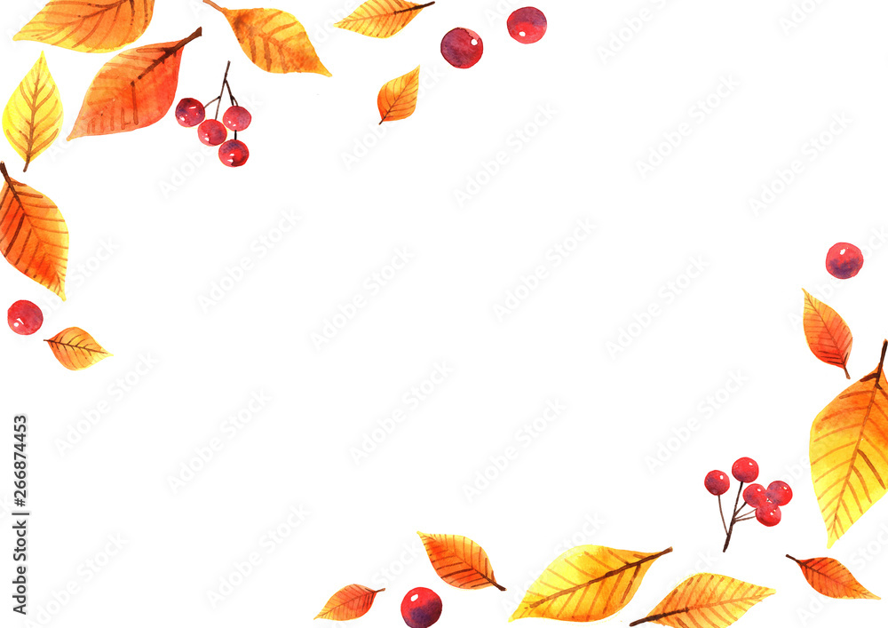 Autumn leaves and red berries watercolor hand painting frame for decoration. Autumn leaves and red berries watercolor hand painting frame for decoration.