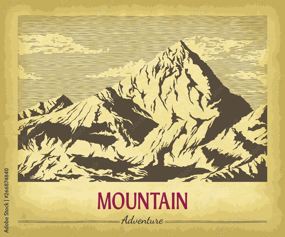 Hand drawn mountain peaks on old craft paper texture. Abstract background. Engraved style vector illustration. Elements for your design works.