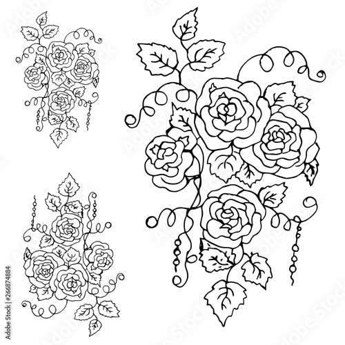 Beautiful summer pattern of flowers. Decoration from roses on a white background. Color book. Fashion in a vector illustration