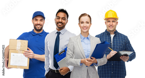 logistic business, delivery service and people concept - happy international office and manual workers over white background