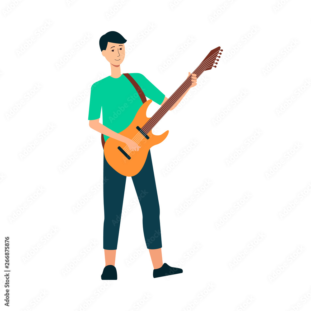 Man is standing and playing on guitar with strap cartoon style Man is standing and playing on guitar with strap cartoon style