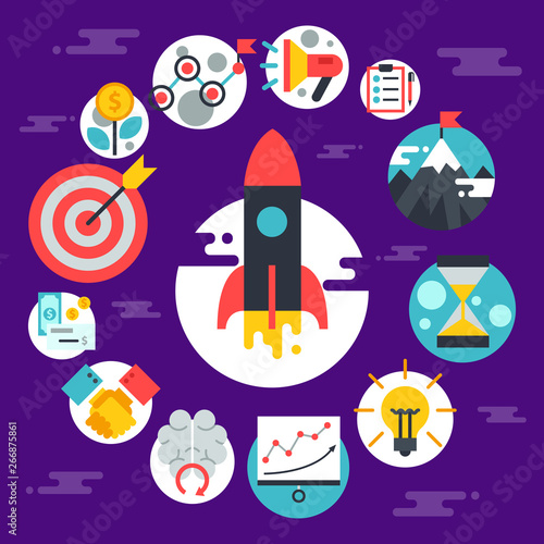 Startup project strategy banner, card vector illustration. Digital marketing, srartup planning analytics. Achieving success, earning money. Creative team. Development launch.