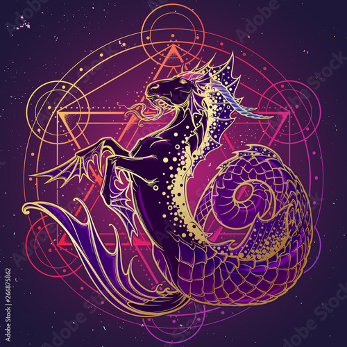 Zodiac sign Capricorn. Fantastic sea creature with body of a goat and a fish tail. Sacred geometry sign and a starry nightsky background. Vintage art nouveau style concept art for horoscope or tattoo.