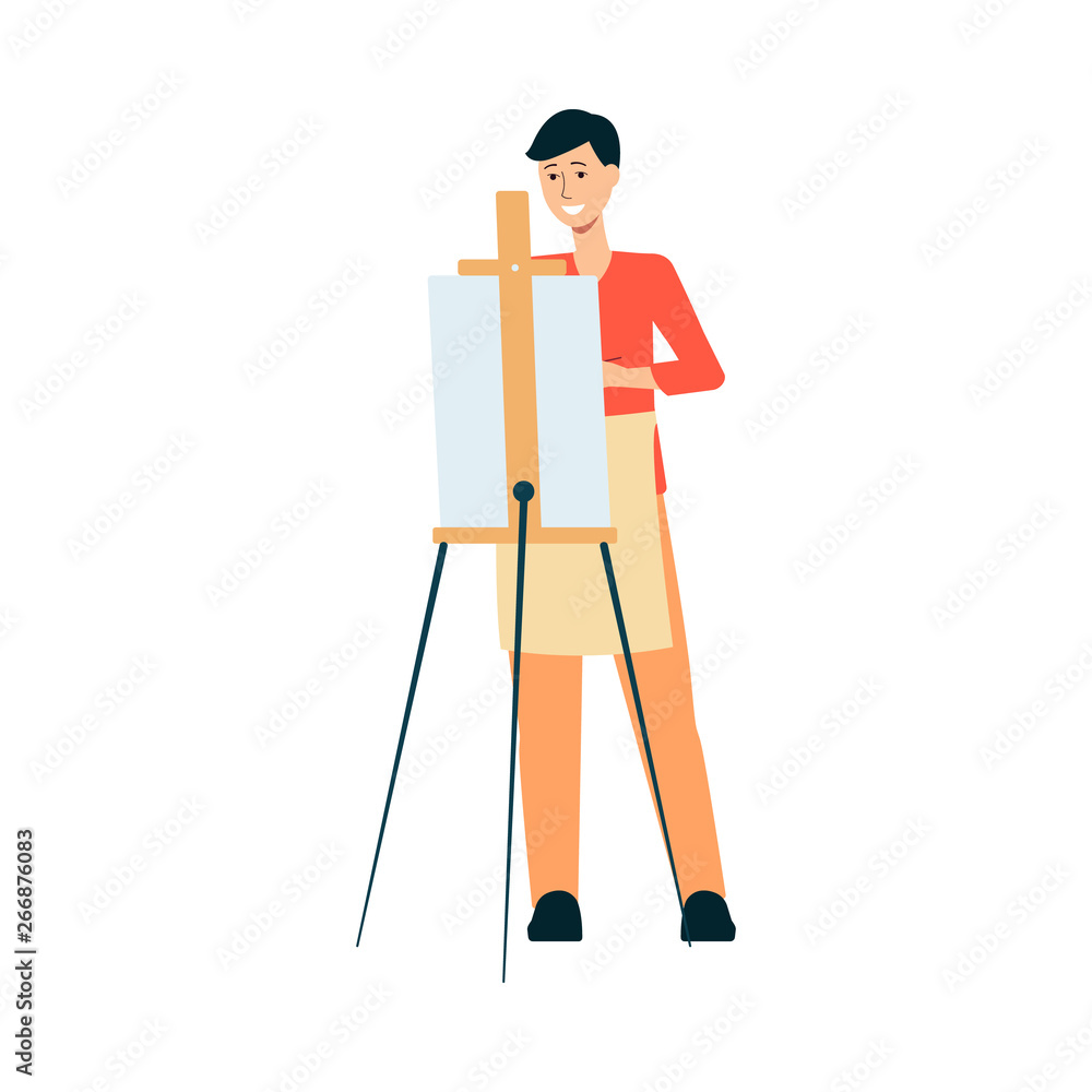 Man in apron standing behind easel and painting on canvas cartoon style