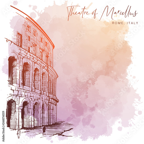 Theater of Marcellus in Rome, Italy. Monochrome linear drawing isolated on a textured grunge watercolor background. Vintage design. Blank template. EPS10 vector