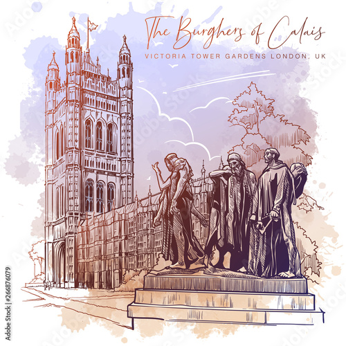 The Burghers of Calais statue with the Victoria Tower and the Houses of Parliament behind. Westminster, London, UK. Vintage design. Linear sketch on a watercolor textured background. EPS10 vector