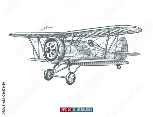 Hand drawn retro airplane. Realistic vintage biplane isolated. Engraved style vector illustration. Template for your design works.