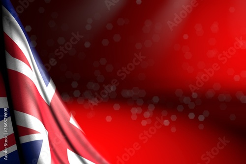 cute illustration of United Kingdom (UK) flag hangs diagonal on red with bokeh and free space for your content - any celebration flag 3d illustration..