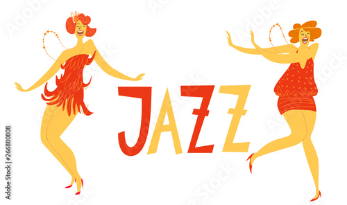 Vector dancing two women figures. Jazz card.