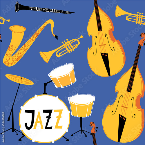 Vector jazz seamless pattern with musical instruments