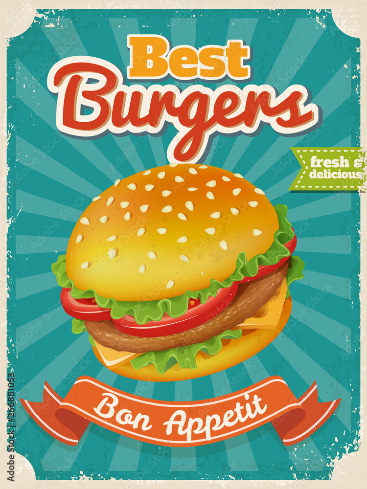 Vector Best Burgers poster or card with high detailed vector burger illustration. Vector Best Burgers poster or card with high detailed vector burger illustration.