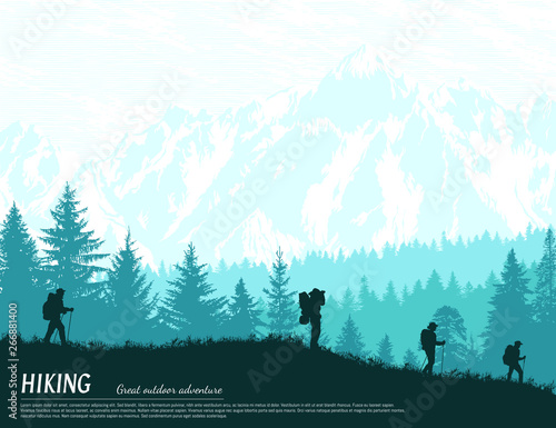 Abstract background. Forest and mountains wilderness landscape. People with backpacks silhouettes. Template for your design works. Hand drawn vector illustration.
