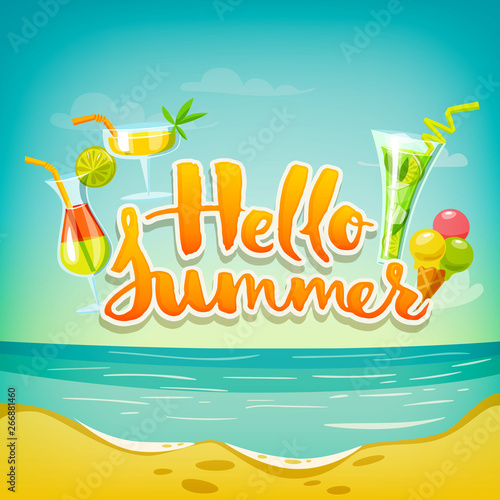 Hello summer vector design or banner with cocktails and ocean landscape. 