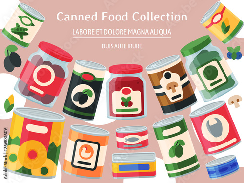 Canned food poster vector illustration. Vegetable product tinned container metal packaging. Soup conserve package can. Healthy goods grocery meal. Canning tinned steel lid shop vegetarian.