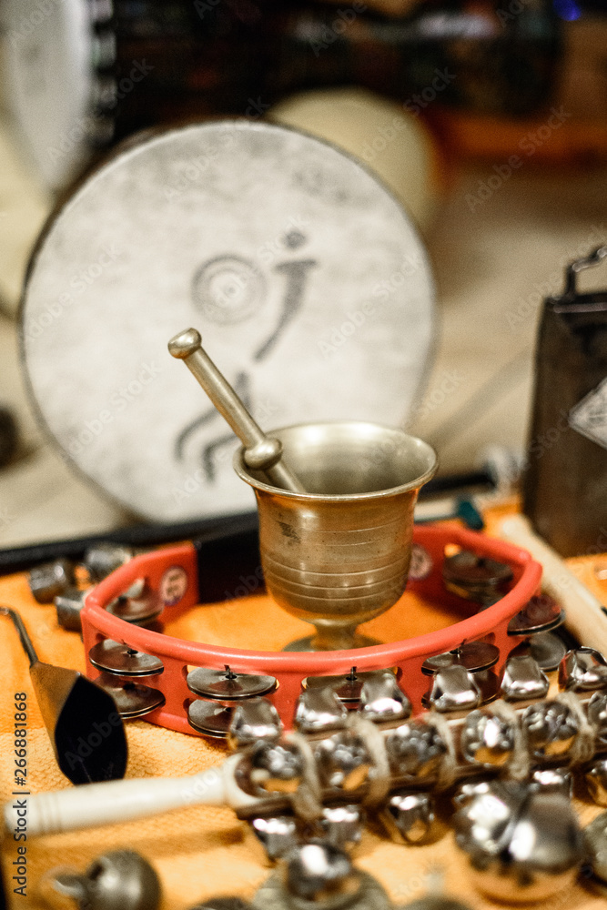 A set of percussionist musical instruments. A set of percussionist musical instruments.