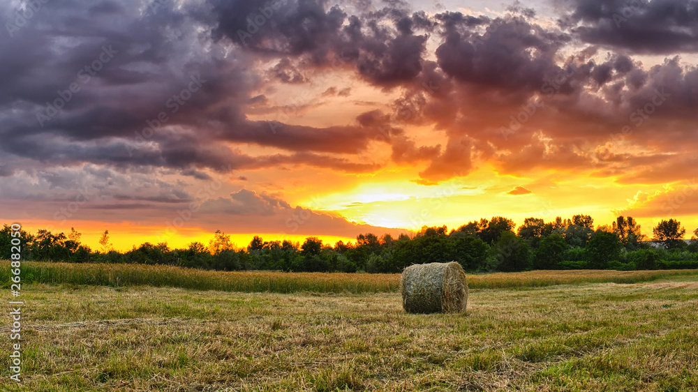 Hay bales at sunset. Sun rays filling up the sky.,