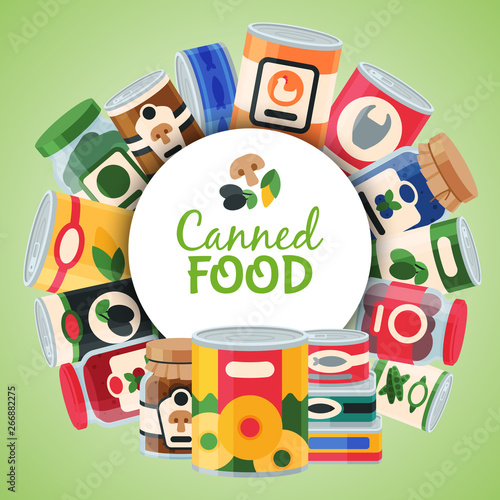 Canned food poster vector illustration. Vegetable product tinned container metal packaging. Soup conserve package can. Healthy goods grocery meal. Canning tinned steel lid shop vegetarian.