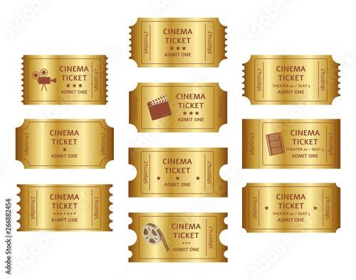 Set of retro golden cinema tickets cartoon or flat style