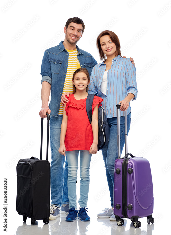 family, tourism and vacation concept - happy smiling mother, father and little daughter with travel bags over white background family, tourism and vacation concept - happy smiling mother, father and little daughter with travel bags over white background