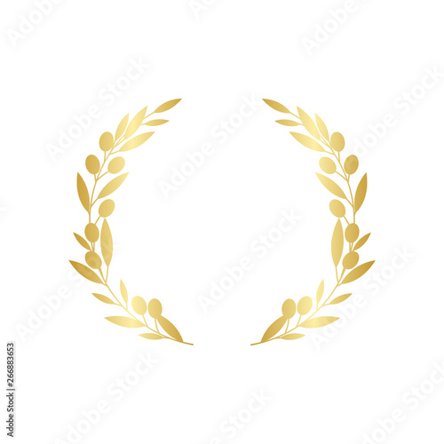 Golden circular olive greek wreath vector illustration isolated on white background.