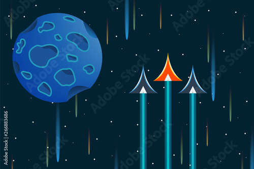 Spacecraft and the space. Spaceship in the space near the planet. Adventure at universe. Vector illustration design.