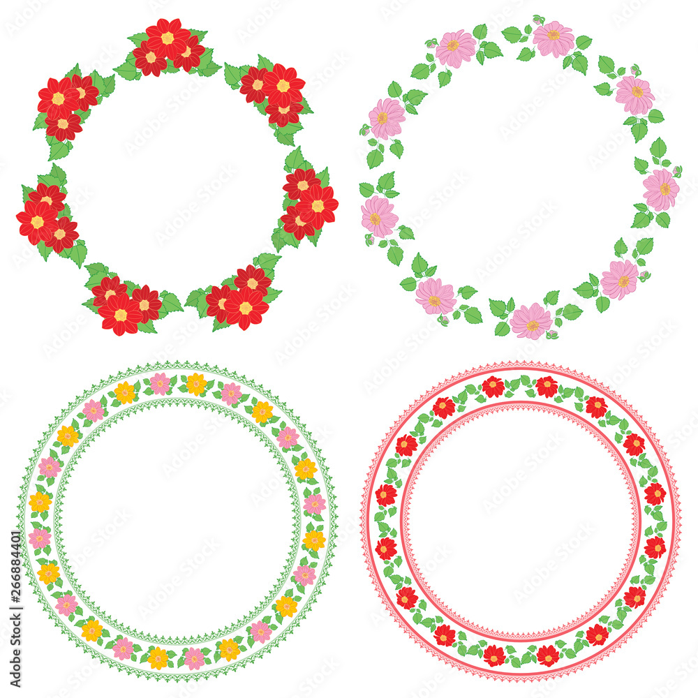 summer flowers dahlia in decorative frames - vector round decorations summer flowers dahlia in decorative frames - vector round decorations