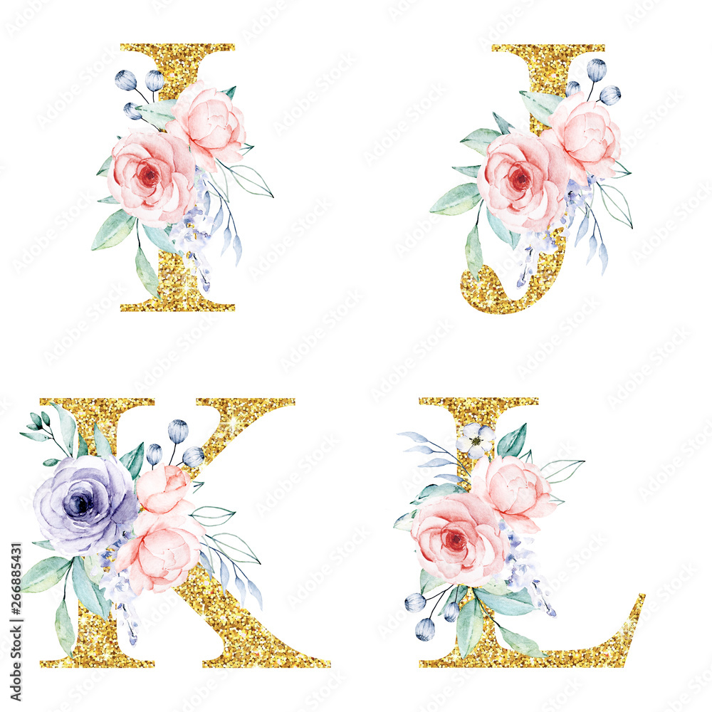 Floral alphabet, letters I, J, K, L with watercolor flowers and leaf ...