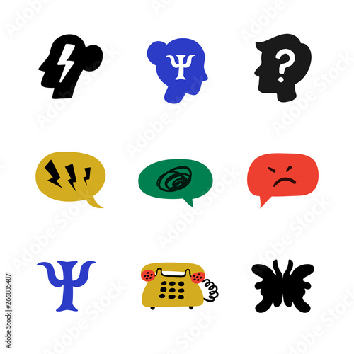 Psychology. Psychological counseling icons. Psychology, brain and mental health vector icons set on white background. Naive style flat vector illustration.