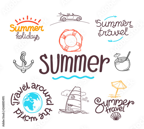 Summer travel doodle style elements. Vector labels collection. Cute linear elements for web and graphic design