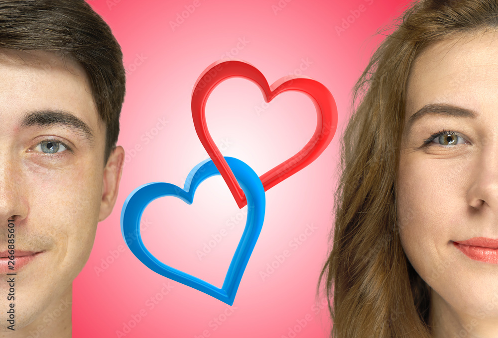 Close-up of a man and a woman. Portrait of a loving couple and 3d image of the heart Close-up of a man and a woman. Portrait of a loving couple and 3d image of the heart