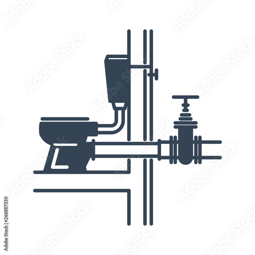 black icon toilet bowl, plumbing pipes, sewerage