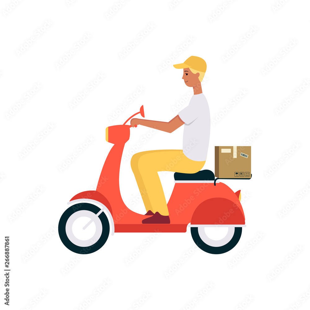Man riding scooter or motorbike and shipping brown box cartoon style