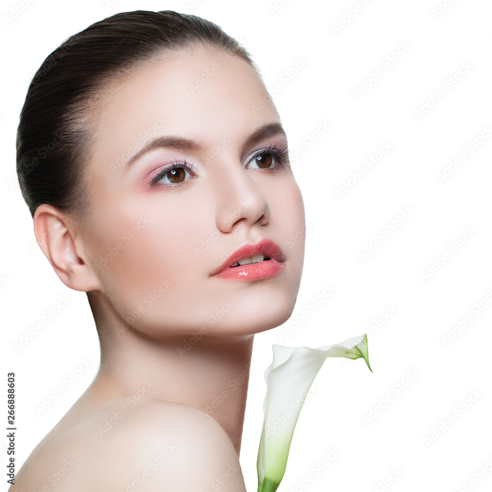Spa girl isolated. Beauty woman with clear healthy skin and lily flower isolated on white. Skincare and facial treatment concept Spa girl isolated. Beauty woman with clear healthy skin and lily flower isolated on white. Skincare and facial treatment concept