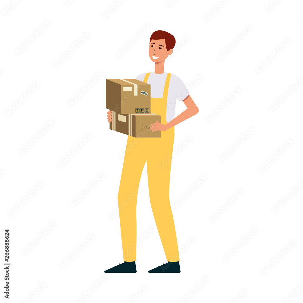 Loader in overalls holding two brown boxes cartoon style Loader in overalls holding two brown boxes cartoon style