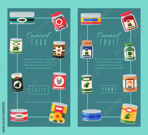 Canned food banner vector illustration. Vegetable product tinned container metal packaging. Soup conserve package can. Healthy goods grocery meal. Canning tinned steel lid shop vegetarian poster.
